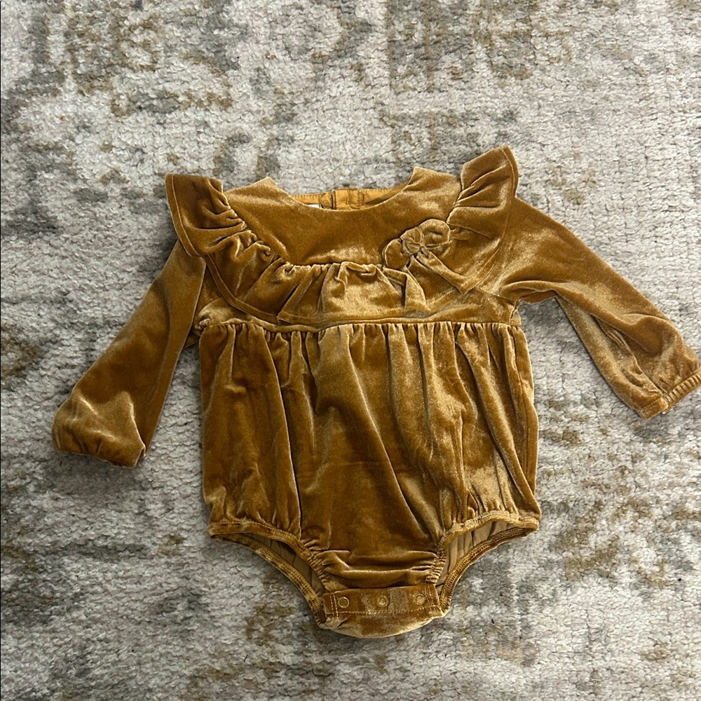 Mudpie Mustard Colored Velvet Long Sleeve Baby Romper